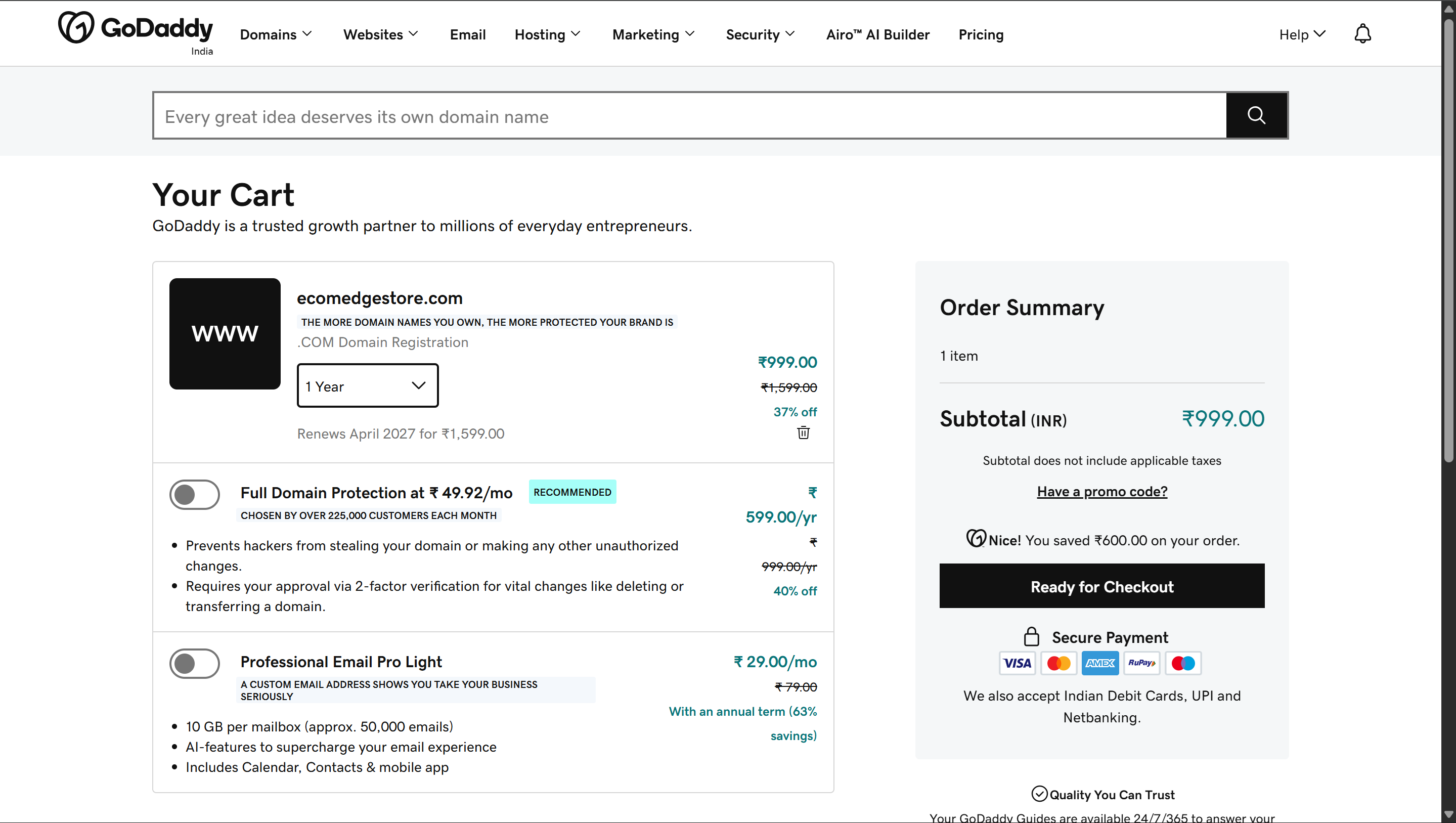 GoDaddy cart — set to 1 Year, skip add-ons